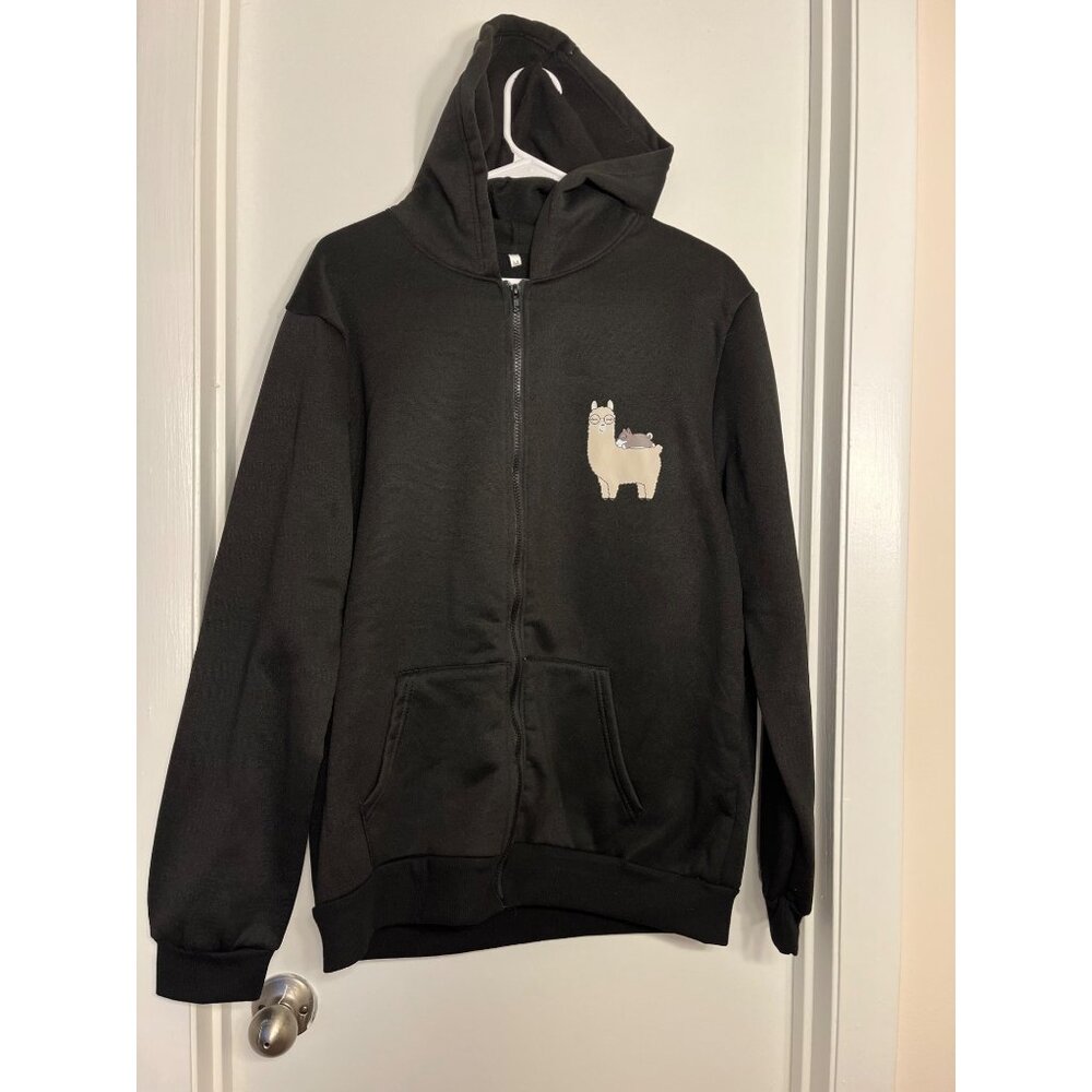 Llama in Glasses & Dog Black Full Zip-Up Hoodie Soft & Cozy Size Medium